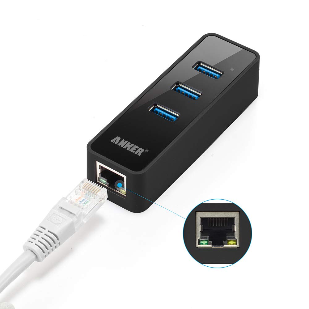 Anker 3-Port USB 3.0 HUB with 10/100/1000 Gigabit Ethernet Converter (3 USB 3.0 Ports, A RJ45 Gigabit Ethernet Port, Support Windows XP, Vista, Win7/8 (32/64 bit), Mac OS 10.6 and above, Linux) Black