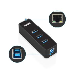 Anker 3-Port USB 3.0 HUB with 10/100/1000 Gigabit Ethernet Converter (3 USB 3.0 Ports, A RJ45 Gigabit Ethernet Port, Support Windows XP, Vista, Win7/8 (32/64 bit), Mac OS 10.6 and above, Linux) Black