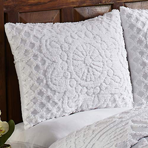 Better Trends Chenille Bedspreads Set Queen Size, Trevor Collection Medallion Design in White - Lightweight bedspreads, 100% Cotton Tufted Cotton Bedspreads