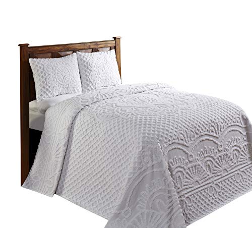 Better Trends Chenille Bedspreads Set Queen Size, Trevor Collection Medallion Design in White - Lightweight bedspreads, 100% Cotton Tufted Cotton Bedspreads