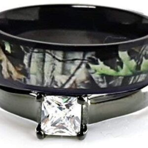 Women`s Black Titanium Camo and Stainless Steel Princess Engagement Wedding Rings Set (Size Women 7)