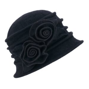 1920s gatsby womens flower wool warm beanie bow hat cap crushable a287 (black)