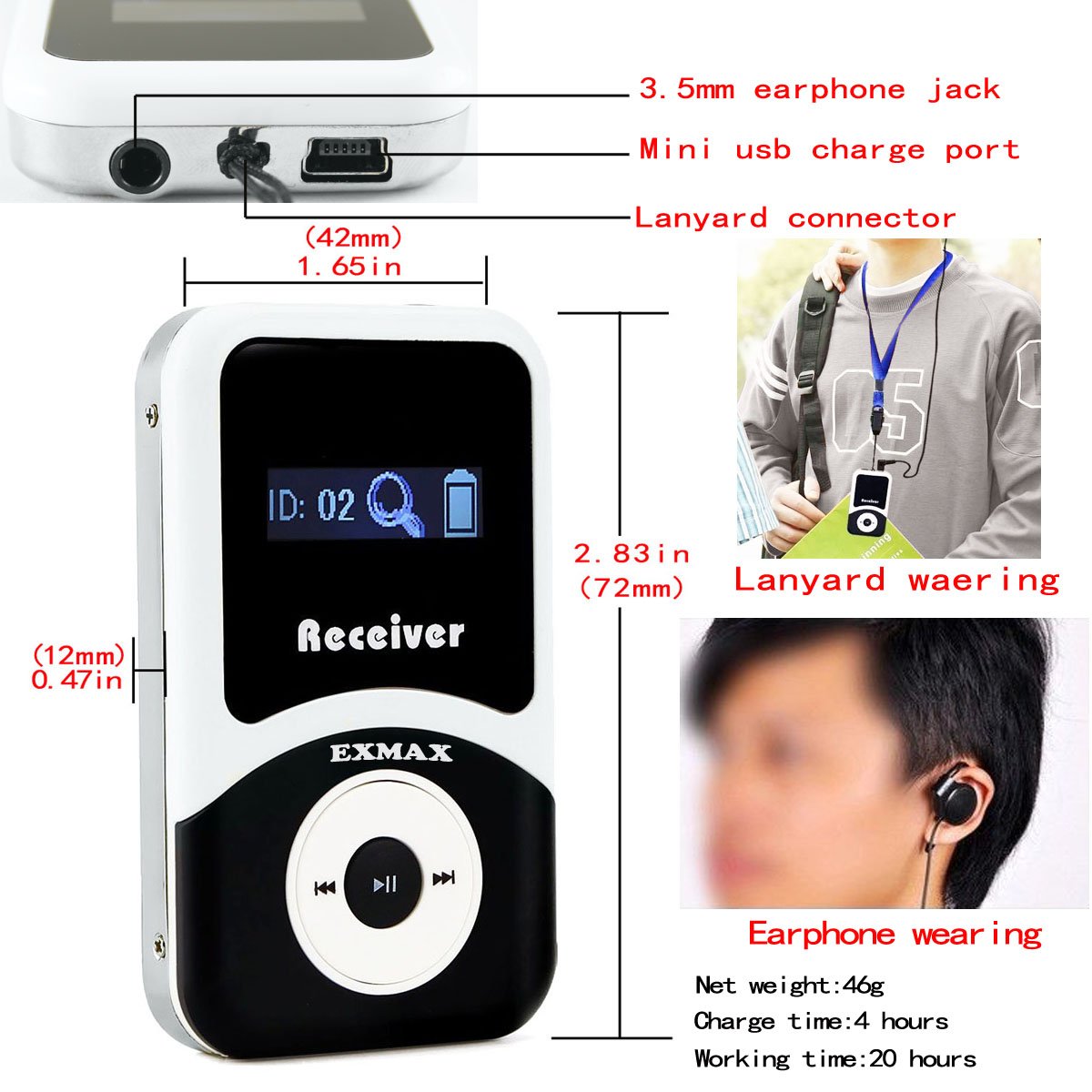 EXMAX® ATG-100T 195MHz Wireless Tour Guide System Interpreter Equipment Translator Microphone for Church Translation headsets Simultaneous Interpreting Equipment (1 Transmitter 8 Receivers)