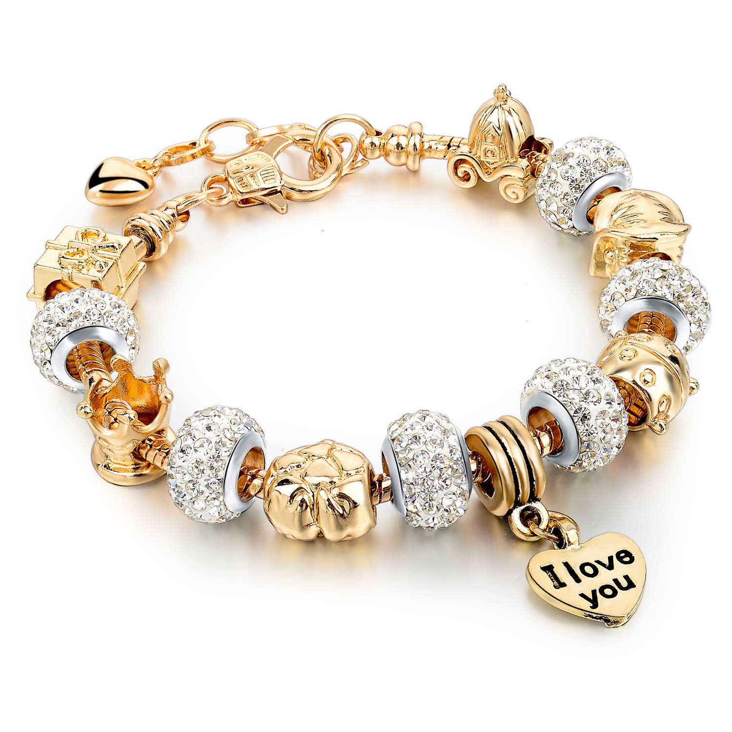 Long Way® Gold Plated Snake Chain Glass Beads I Love You Charm Beaded Bracelets for Women