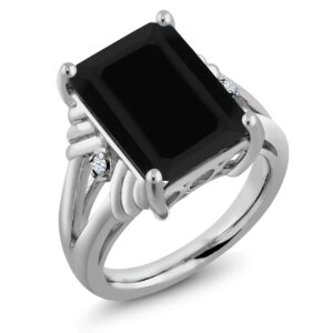 Gem Stone King 925 Sterling Silver Black Onyx and White Created Sapphire Engagement Ring For Women (6.43 Cttw, Gemstone December Birthstone, Emerald Cut 14X10MM, Size 9)