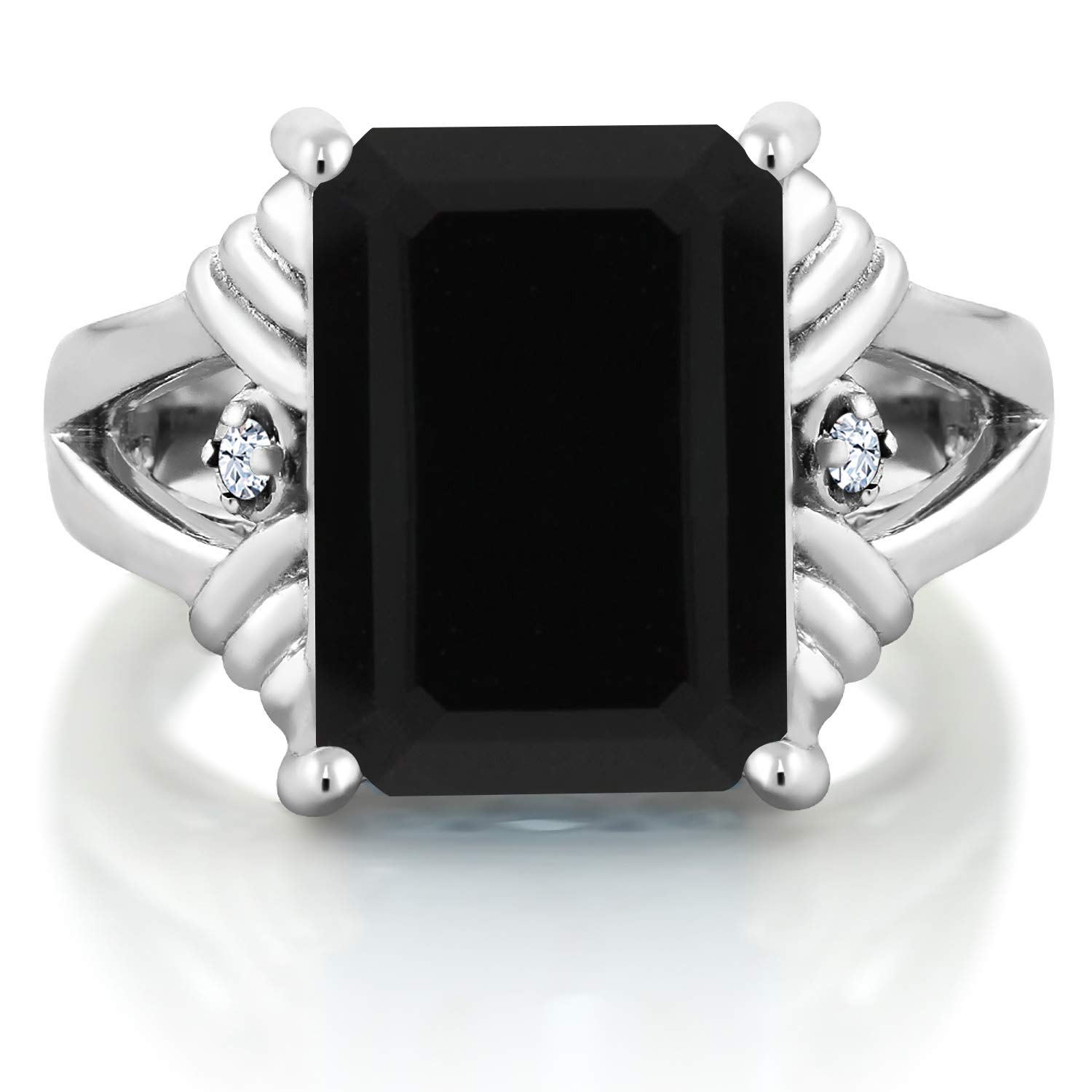 Gem Stone King 925 Sterling Silver Black Onyx and White Created Sapphire Engagement Ring For Women (7.38 Cttw, Gemstone December Birthstone, Emerald Cut 14X10MM, Size 7)