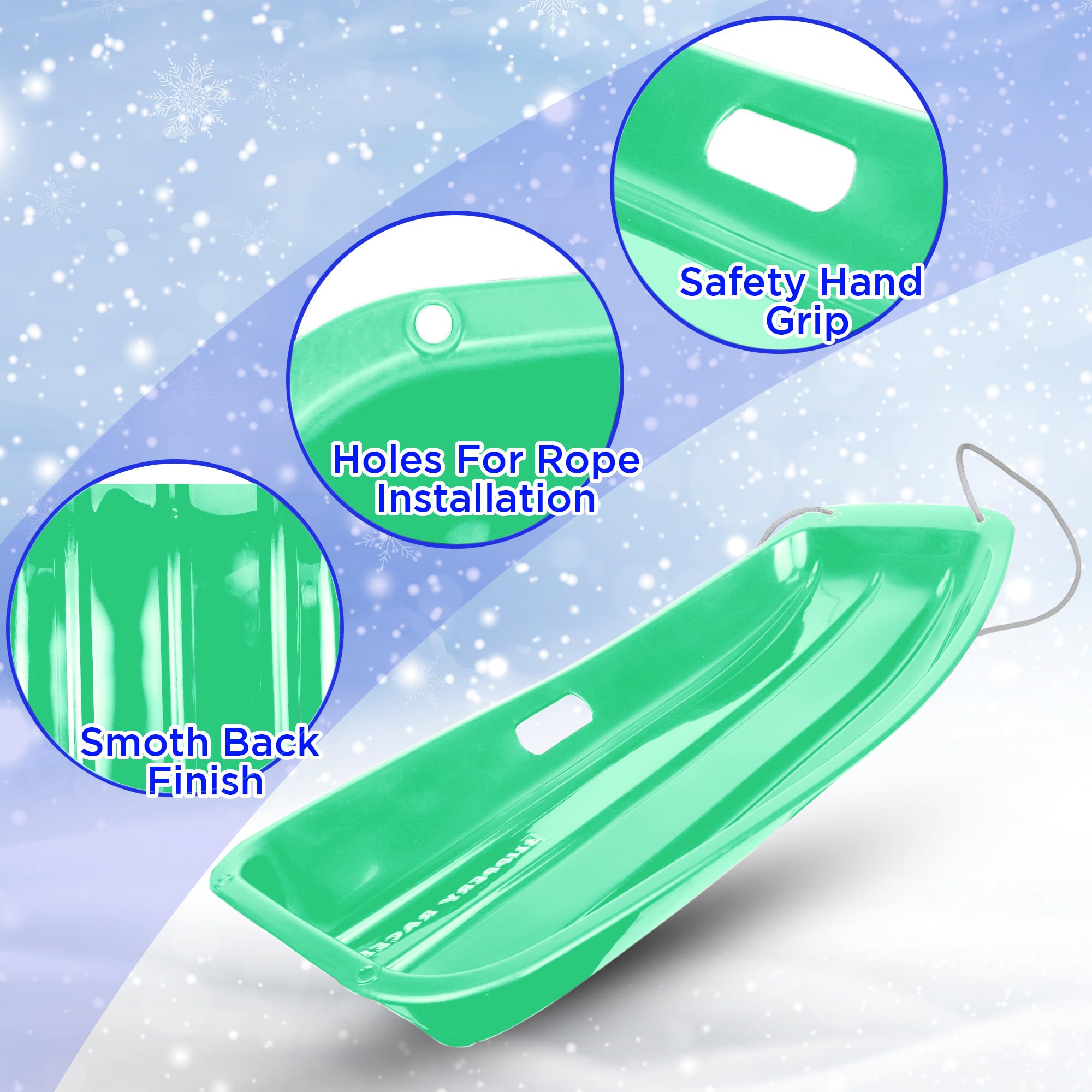 Slippery Racer Downhill Sprinter Flexible Kids Toddler Plastic Cold-Resistant Toboggan Snow Sled with Pull Rope and Handles -35 Inch (GREEN)