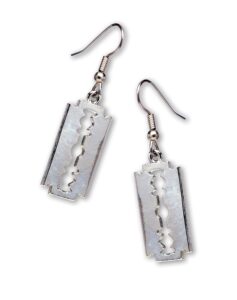 gothic razor blade dangle earrings polished silver finish pewter