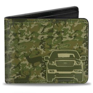 buckle-down men's pu bifold wallet-ford truck + works hard, plays harder. deer hunter camo olive, multicolor, 4.0" x 3.5"