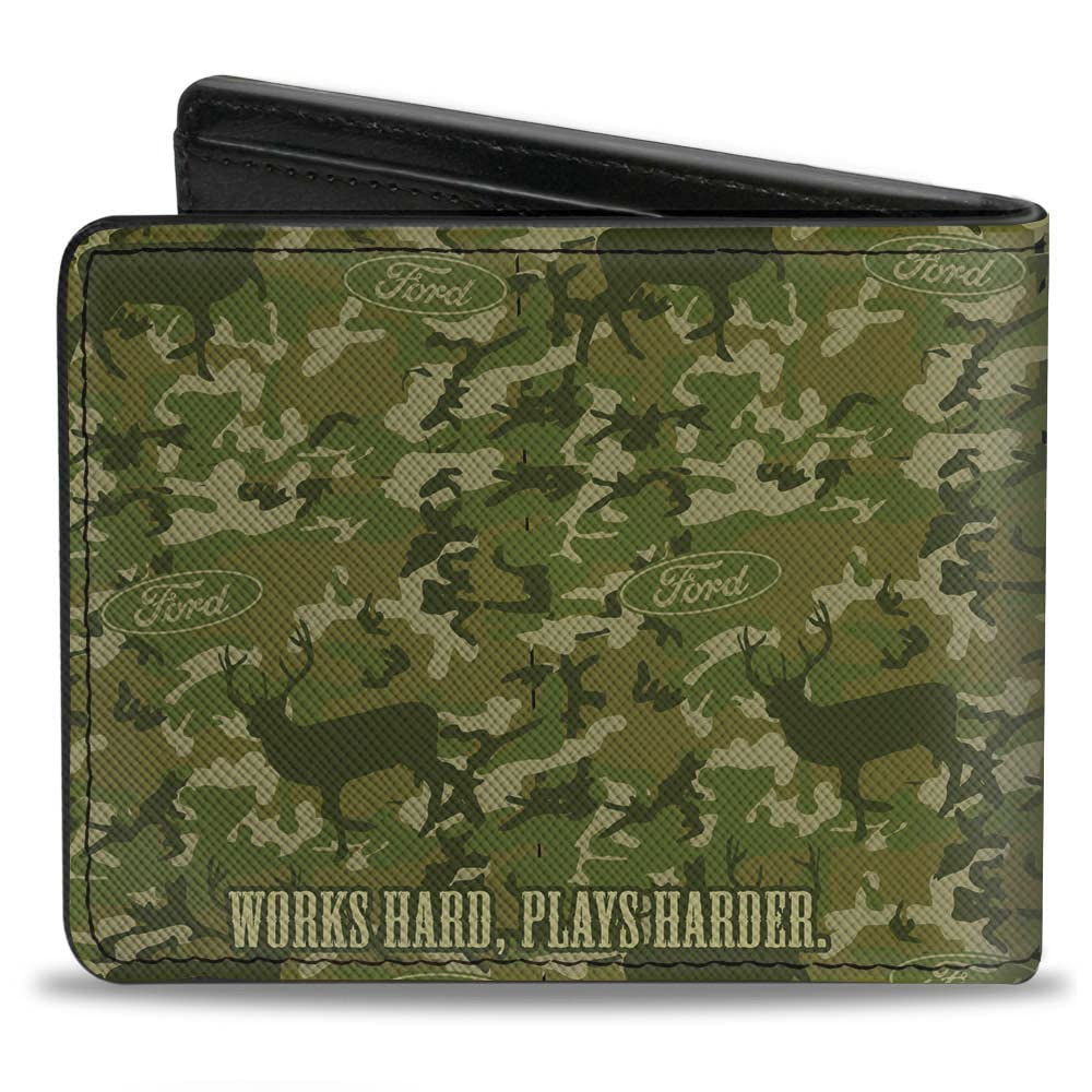 Buckle-Down Men's PU Bifold Wallet-Ford Truck + Works Hard, Plays Harder. Deer Hunter Camo Olive, Multicolor, 4.0" x 3.5"