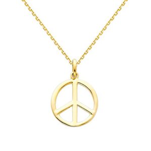 the world jewelry center 14k real yellow gold peace sign pendant with 0.9mm cable chain necklace - 22"