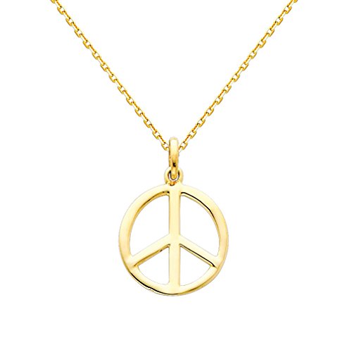 The World Jewelry Center 14k REAL Yellow Gold Peace Sign Pendant with 0.9mm Cable Chain Necklace - 22"