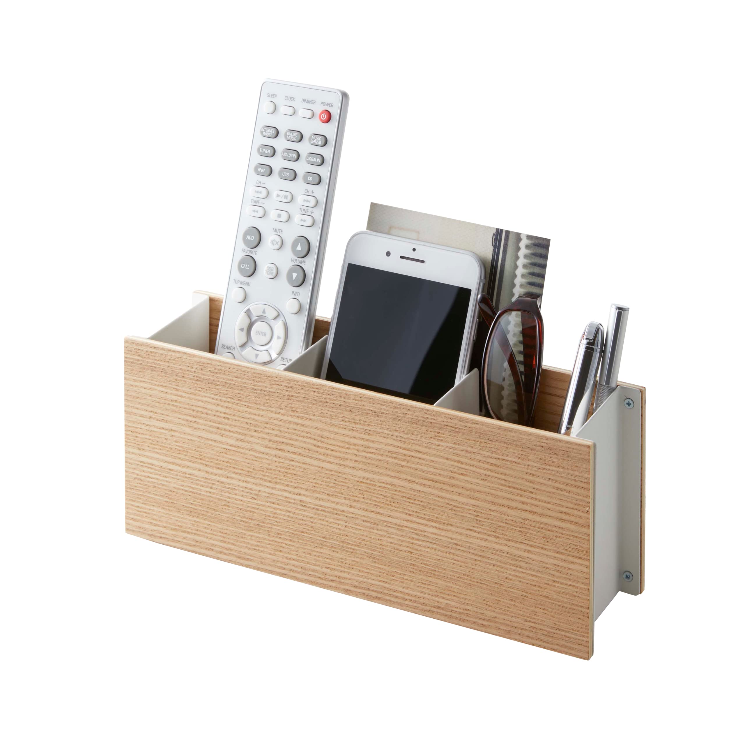 YAMAZAKI Caddy Home Desk Tv Pen Holder | Steel + Wood | Remote Control & Tablet Organizer, Small, Ash