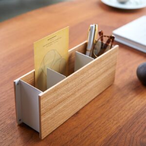 YAMAZAKI Caddy Home Desk Tv Pen Holder | Steel + Wood | Remote Control & Tablet Organizer, Small, Ash