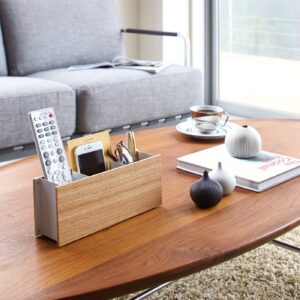 YAMAZAKI Caddy Home Desk Tv Pen Holder | Steel + Wood | Remote Control & Tablet Organizer, Small, Ash