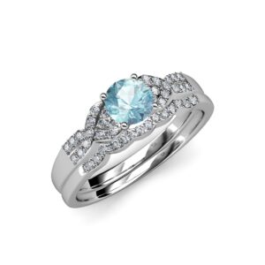 trijewels aquamarine & natural diamond engagement ring & wedding band set 1.35 ctw 14k white gold.size 9.0