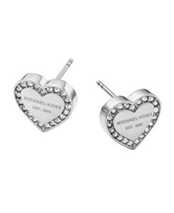 michael kors stainless steel and pavé crystal signature heart stud earrings for women, color: silver (model: mkj3966040)