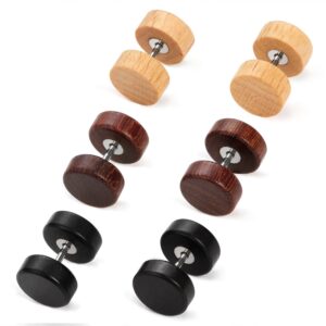 Charisma 10mm Wooden Vintage Stainless Steel Stud Earrings Ear Plugs Piercings Hypoallergenic Screw 3 Pairs