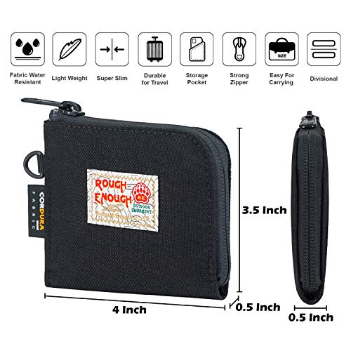 Rough Enough Small Coin Purse Pouch Slim Credit Card Holder Wallet for Men Women Teen Boys with Neck Lanyard Keychain Zipper in Black Cordura