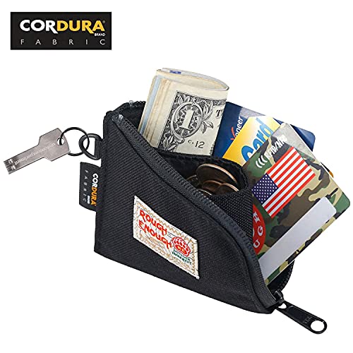 Rough Enough Small Coin Purse Pouch Slim Credit Card Holder Wallet for Men Women Teen Boys with Neck Lanyard Keychain Zipper in Black Cordura