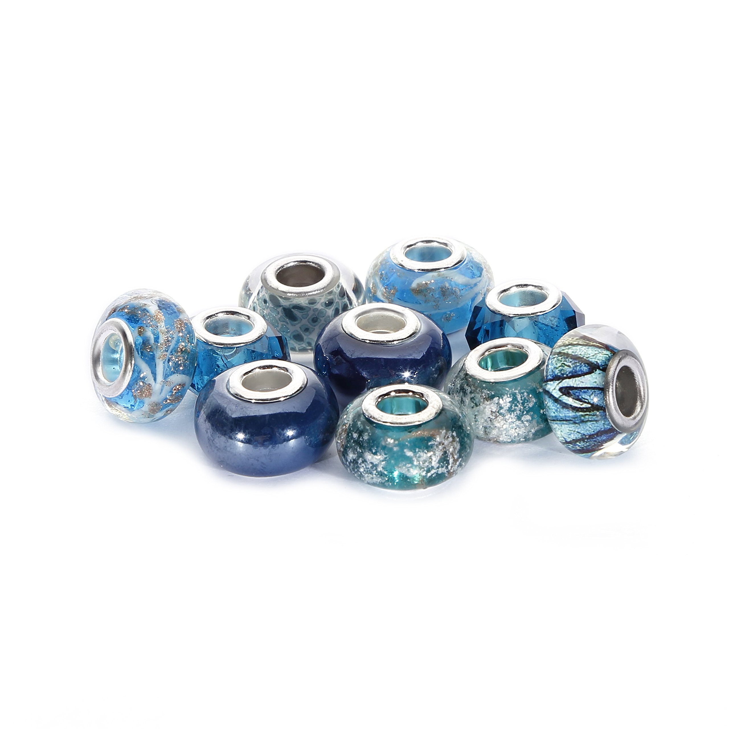 BRCbeads 10Pcs Mix Silver Plate Blue Zircon Theme Murano Lampwork European Glass Crystal Charms Beads Spacers