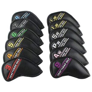 craftsman golf 12pcs black synthetic leather golf iron head covers set headcover with colorful number embroideried,easily get the needed iron for callaway, ping, taylormade, cobra etc.