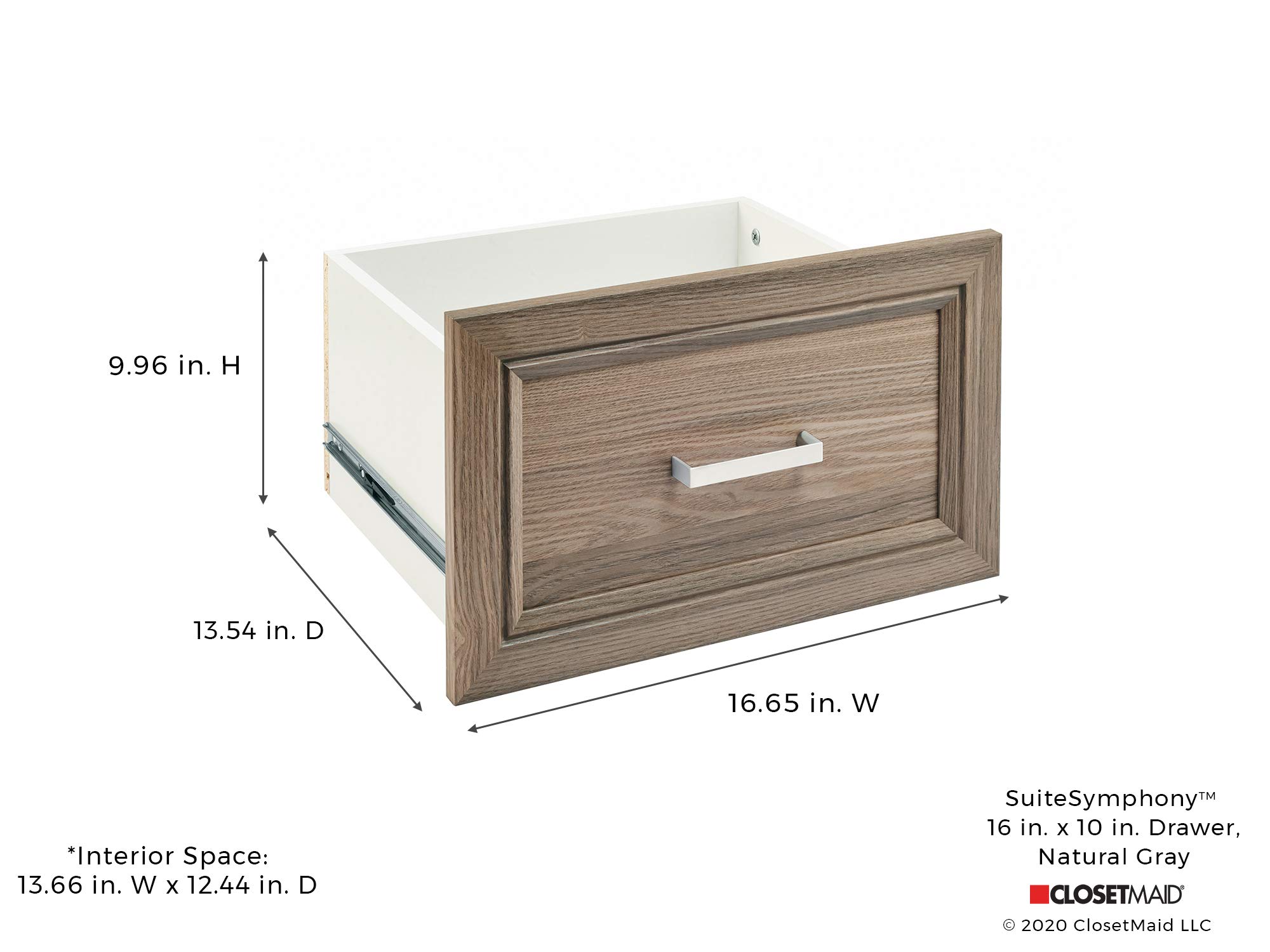 ClosetMaid SuiteSymphony Wood, Add On Accessory Shaker Style, For Storage, Closet, Clothes, x 10” Size for 16 in. Units, Natural Gray/Satin Nickel, 16" X 10" Drawer