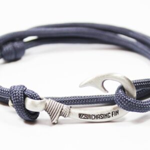 Chasing Fin Fish Hook Pendant Bracelet - Cool 30-Inch Military-Grade 550 Paracord Bracelet & Anklet - Adjustable Size, 100% Nylon Nautical & Fishing Accessory - J-Hook Pendant, Pewter - Navy