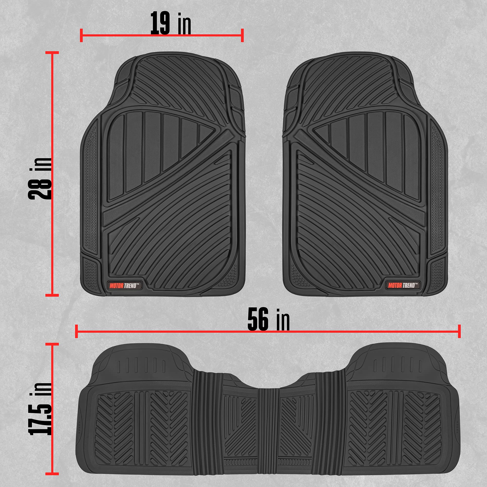 Motor Trend FlexTough Performance All Weather Rubber Car Floor Mats - 3 Piece Floor Mats Automotive Liners for Cars Truck SUV, Heavy-Duty Waterproof (Black)