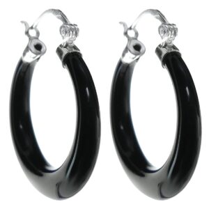 sterling silver natural black onyx ring drop hoop huggie earrings (25mm)