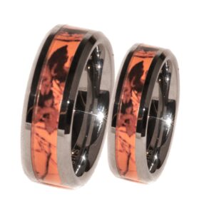 orange camouflage his & her ring band set (his 8 hers 8)