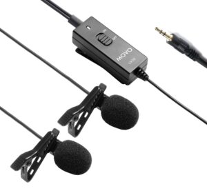 movo lv20 dual lavalier microphone - clip-on omnidirectional condenser interview microphone set for cameras, camcorders, and recorders