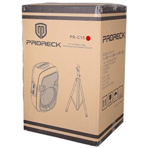 PRORECK PR-C15 Portable 15-inch 600 Watt 2-Way Powered Dj/PA Speaker with Bluetooth/USB/SD Card Reader/FM Radio/Remote Control/LED Light/Speaker Stand, Black