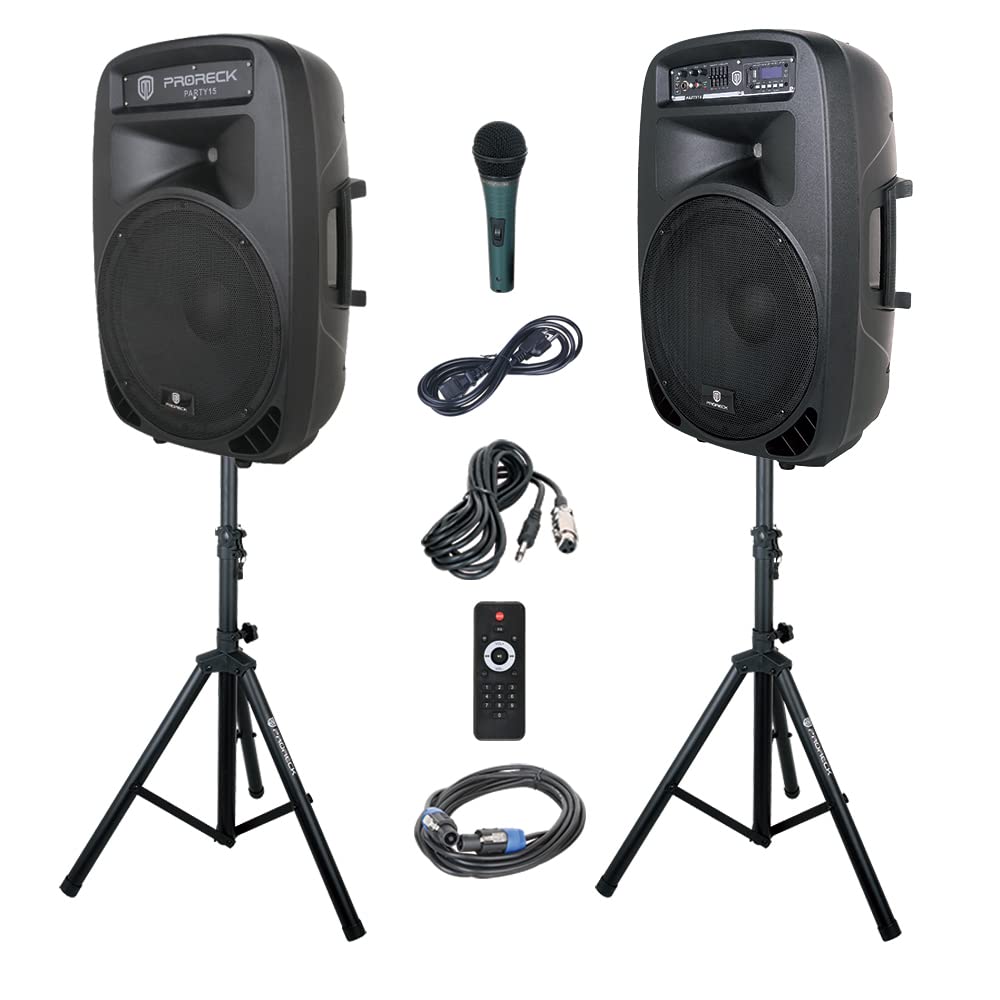 PRORECK Party 15 Portable 15-Inch 2000 Watt 2-Way Powered PA Speaker System Combo Set with Bluetooth/USB/SD Card Reader/FM Radio/Remote Control/LED Light