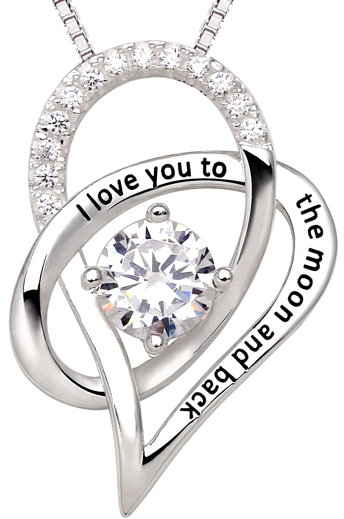 ALOV Jewelry Sterling Silver "I Love You To The Moon and Back" Love Heart Cubic Zirconia Pendant Necklace