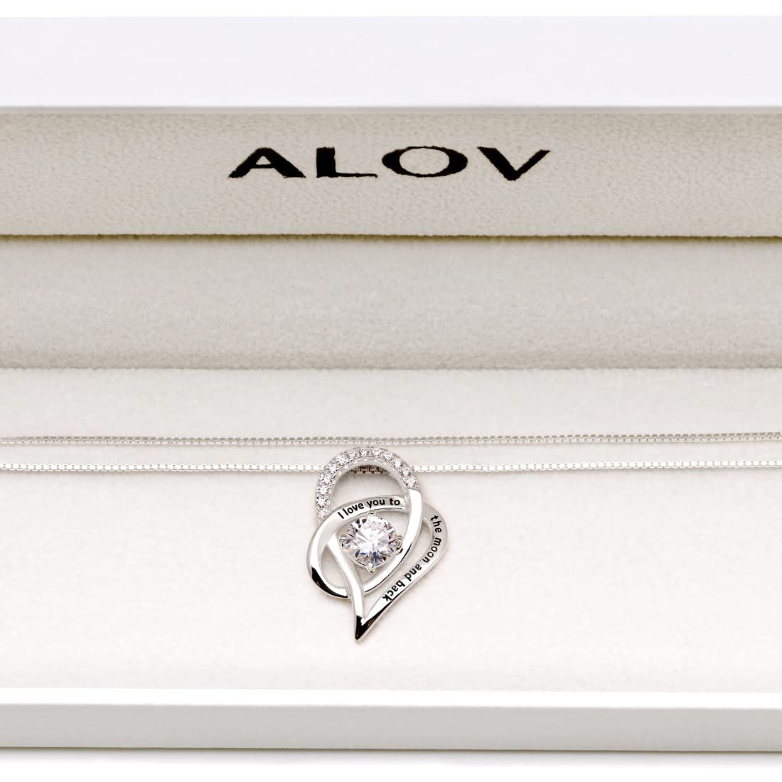 ALOV Jewelry Sterling Silver "I Love You To The Moon and Back" Love Heart Cubic Zirconia Pendant Necklace