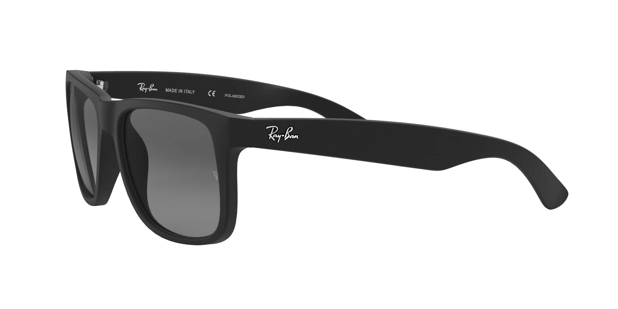 Ray-Ban RB4165 Justin Rectangular Sunglasses, Rubber Black/Polarized Light Grey Gradient Grey, 55 mm