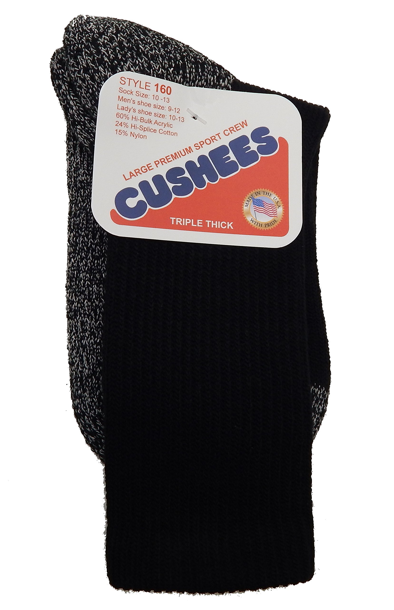 Cushees Men's BLACK Triple Thick Crew Socks (3-pack) [160] (Large)