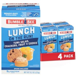 bumble bee lunch on the run tuna salad with crackers kit, 8.2 oz (pack of 4) - ready to eat, includes crackers, cookie & peaches - wild caught tuna - shelf stable & convenient source of protein