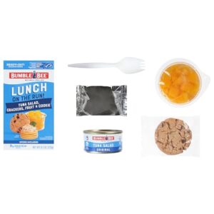 Bumble Bee Lunch On The Run Tuna Salad with Crackers Kit, 8.2 oz (Pack of 4) - Ready to Eat, Includes Crackers, Cookie & Peaches - Wild Caught Tuna - Shelf Stable & Convenient Source of Protein