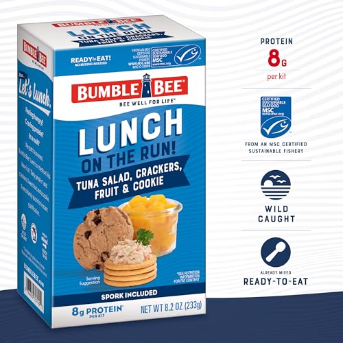 Bumble Bee Lunch On The Run Tuna Salad with Crackers Kit, 8.2 oz (Pack of 4) - Ready to Eat, Includes Crackers, Cookie & Peaches - Wild Caught Tuna - Shelf Stable & Convenient Source of Protein