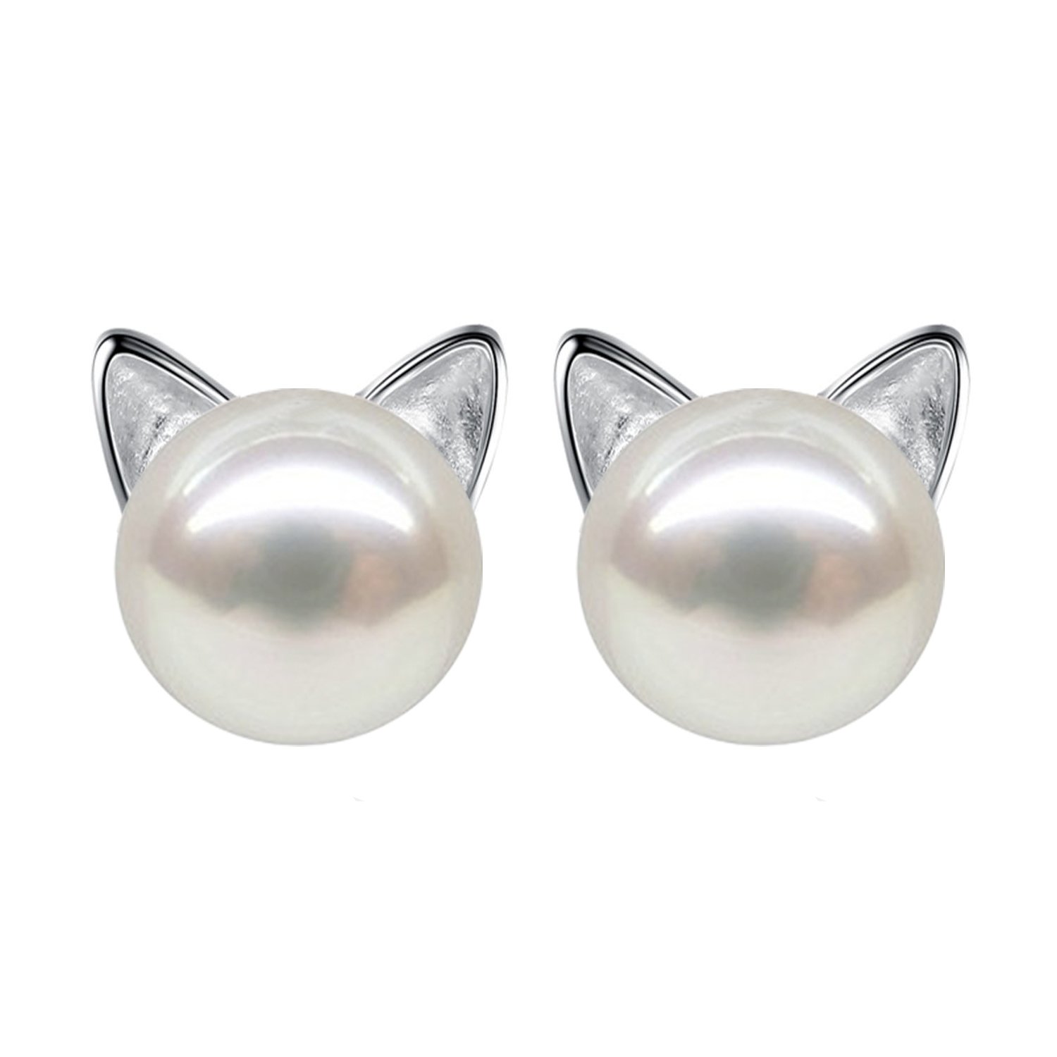 Wicary Cat Ear Earrings Sterling Silver Cultured Freshwater Pearl Stud Earrings