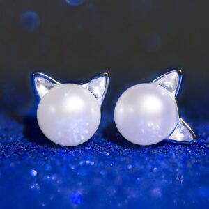 Wicary Cat Ear Earrings Sterling Silver Cultured Freshwater Pearl Stud Earrings