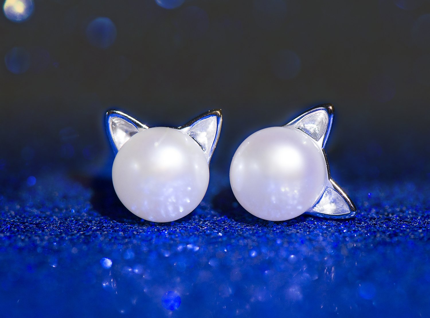 Wicary Cat Ear Earrings Sterling Silver Cultured Freshwater Pearl Stud Earrings