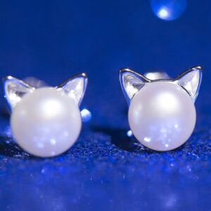 Wicary Cat Ear Earrings Sterling Silver Cultured Freshwater Pearl Stud Earrings