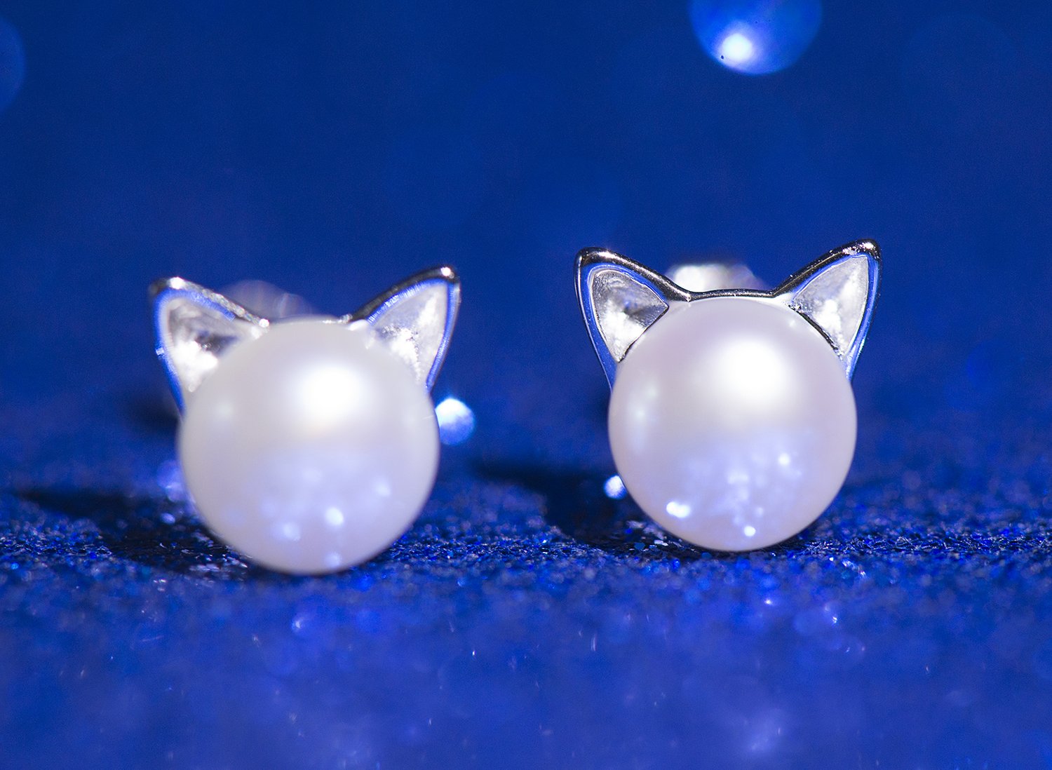 Wicary Cat Ear Earrings Sterling Silver Cultured Freshwater Pearl Stud Earrings