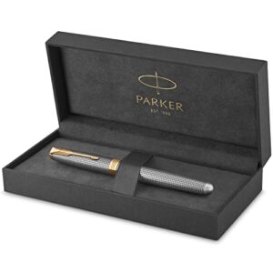 PARKER Sonnet Fountain Pen, Prestige Chiseled Silver with Gold Trim, Solid 18k Gold Medium Nib