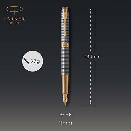 PARKER Sonnet Fountain Pen, Prestige Chiseled Silver with Gold Trim, Solid 18k Gold Medium Nib