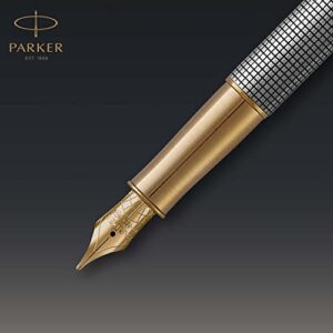 PARKER Sonnet Fountain Pen, Prestige Chiseled Silver with Gold Trim, Solid 18k Gold Medium Nib