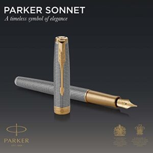 PARKER Sonnet Fountain Pen, Prestige Chiseled Silver with Gold Trim, Solid 18k Gold Medium Nib